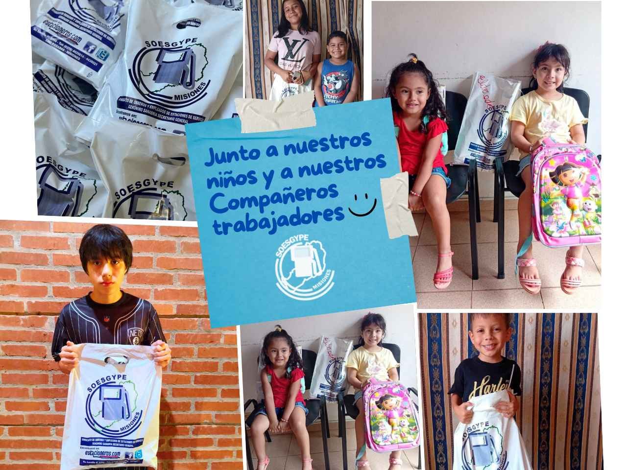 Collage de niños hijos de trabajadores estacioneros afiliados al SOESGyPE Misiones con las bolsas de útiles escolares entregadas por el sindicato para el inicio de clases 2026.